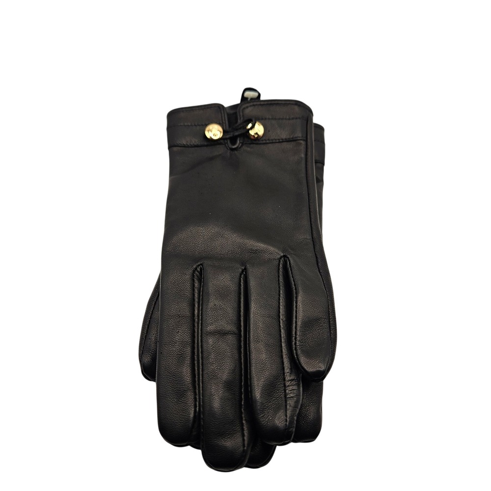 Etienne Aigner Leather Gloves Medium Black Gold Logo Hardware Winter Lined